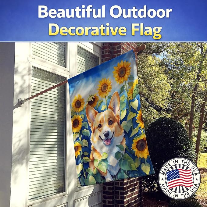 Caroline's Treasures DAC6062CHF Corgi in Sunflowers House Flag Large Porch Sleeve Pole Decorative Outside Yard Banner Artwork Wall Hanging, Polyester, House Size, Multicolor