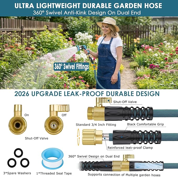 FlexiSolve Garden Hose 50 ft, Non-Expandable Lightweight Water Hose, 360° Swivel Anti-Kink Fittings, 10-Pattern Spray Nozzle & Shut-Off Valve, Flexible Water Hose for Yard, Lawn, Car Wash, Blue