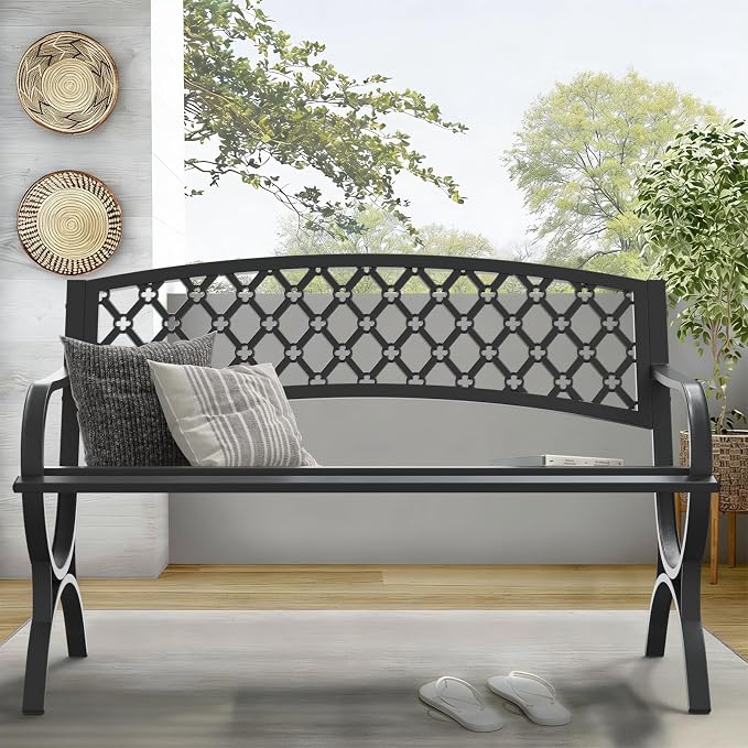 On Shine 50'' Patio Garden Bench, Loveseats Patio Park Bench,Black Steel Cast Iron Frame Bench,Metal Bench Outdoor for Porch Yard Lawn Deck (Grid)