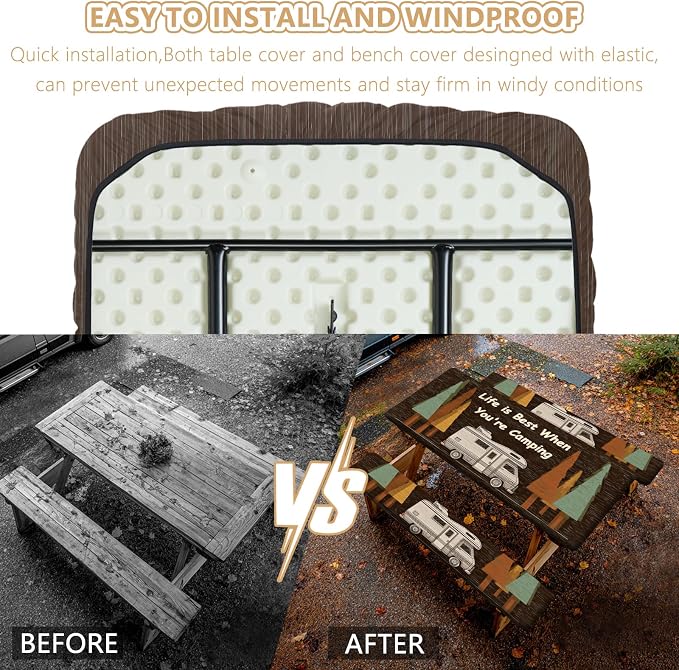 Picnic Table Cover with Bench Covers Elastic Edges, Outdoor Patio Camping Essentials 72 Inch 3PCS, Waterproof Camping Fitted Tablecloth with Handbags (Life is Best When You're Camping)