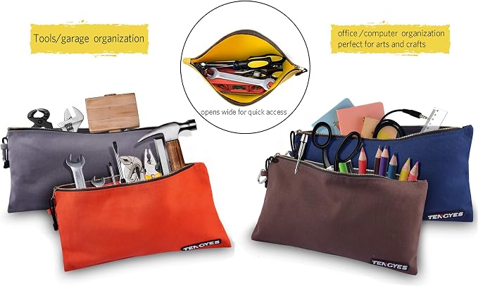 Canvas Tool Pouch Zipper Bag, 5 Pack Utility Bags | Heavy Duty, Metal Zippers Pouches, with Carabiner, Multi Storage Organizer Clip on Tote Bags