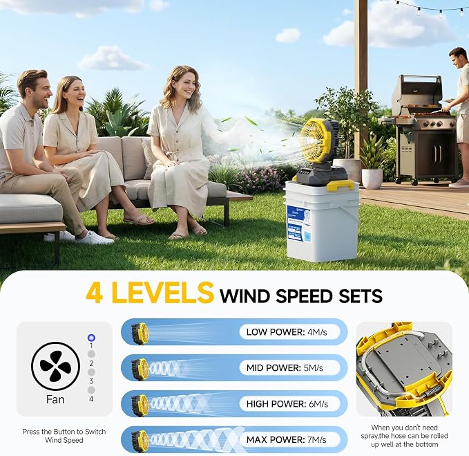 Portable Misting Fan with 6.6 Gallon Bucket, 30000mAh Rechargeable Battery Powered Floor Cooling Fan with 4 Strong Winds & 4 Spray Mister, Outdoor Oscillation Fans for Camping/Patios/Beach/Worksite