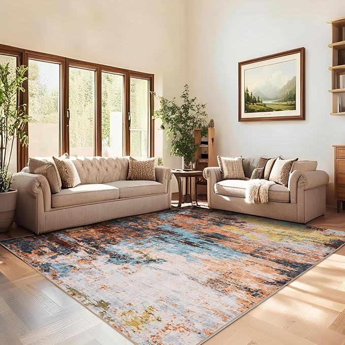 GarveeHome Abstract Area Rugs 5x7 Ultra-Soft Modern Indoor Carpet Yellow | Non-Slip Backing, Stain-Resistant Low Pile Floor Cover, Colorful Indoor Mat, Bedroom, Kitchen, Laundry