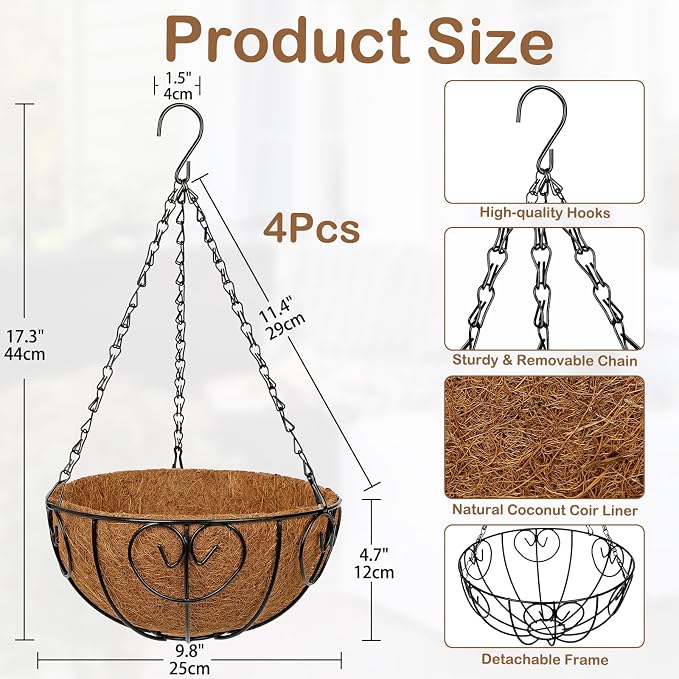10 inch Metal Hanging Baskets for Plants Outdoor, 4 Pack Metal Wire Hanging Basket Planter with Coco Liner Flower Pots for Indoor Outdoor Garden Porch Patio, Heart-Shaped