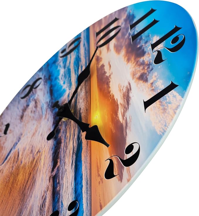 jomparis Beach Wall Clock Decor for Bathroom Bedroom Living Room Home Patio Pool,Battery Operated Sunset Waterproof Wall Clock (14Inch,Blue Coastal Theme)