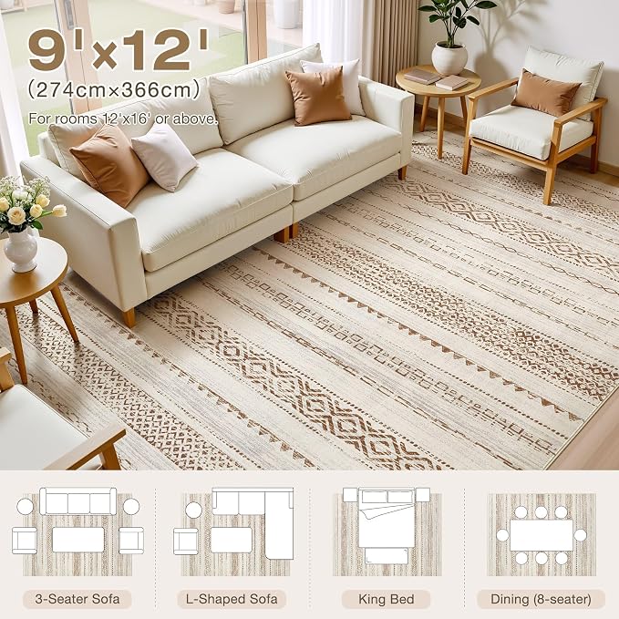 kakania Washable 9x12 Area Rug for Living Room: Boho Geometry Home Decor | Soft Stain Resistant, Low-Pile, Non-Slip, Pet & Kid Friendly, Thin Rug for Bedroom/Dining Room/Kids Dorm - Square Brown