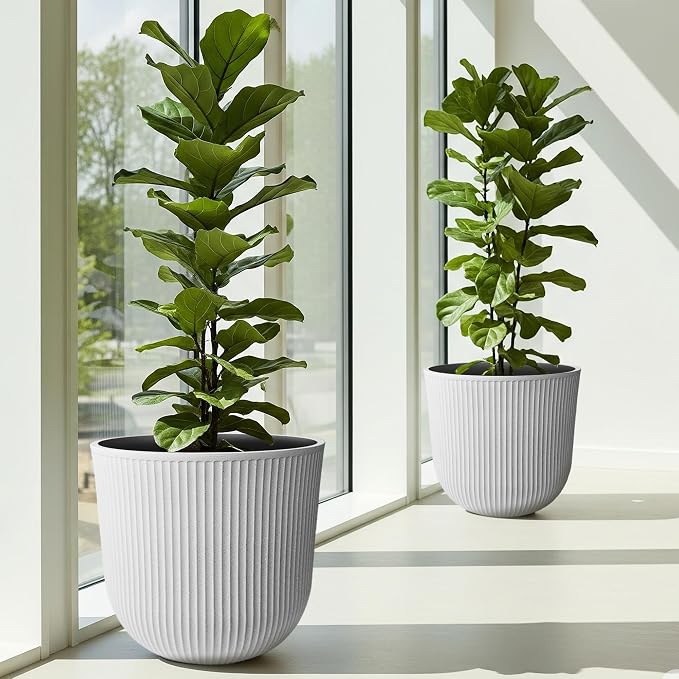 Worth Garden Round Large Planter Pot Set of 2-17.5" Dia x 15.5" H - Durable Plastic White Plant Tree Pots with Vertical Stripe Textured Finish, Drainage Hole for Indoor, Outdoor, Front Porch, Patio