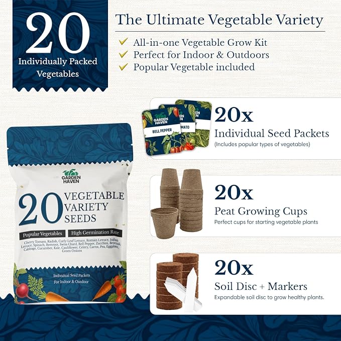 20 Vegetable Seeds Variety Pack - Complete Grow Kit Heirloom Vegetables Indoor Outdoors Vegetable Seeds, Tomatos, Broccoli, Carrots, Lettuce & More - DIY Starter Kit (Seeds Only)