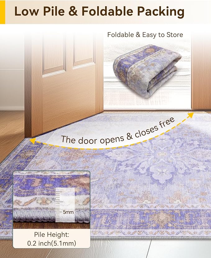 RELEANY Washable Area Rug, 3'x5', Purple | Non-Slip, Water Repellent, Pet Friendly, Easy to Clean, Vintage Floral Boho Decor for Living Room Bedroom Beside Kitchen