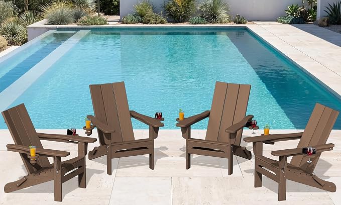 SERWALL Modern Adirondack Chair Set of 4, Folding Adirondack Chair with Cup Holders, Outdoor HDPE Fire Pit Chairs for All Weather Use, Brown