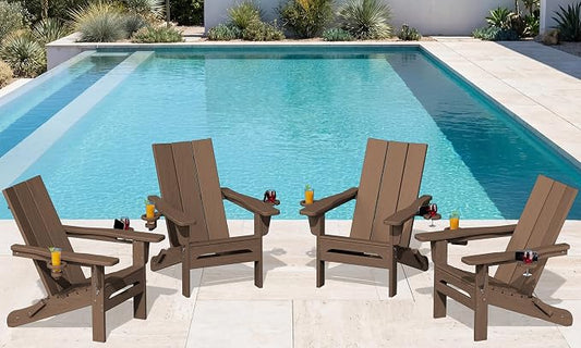 SERWALL Modern Adirondack Chair Set of 4, Folding Adirondack Chair with Cup Holders, Outdoor HDPE Fire Pit Chairs for All Weather Use, Brown