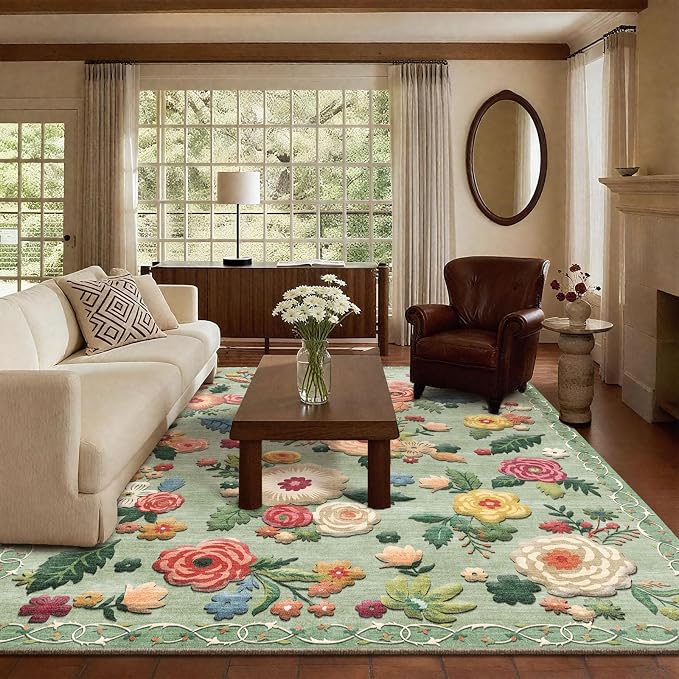 6x9 Area Rugs for Living Room: Washable Bedroom Rug Non Slip Low Pile Soft Faux Wool Non Shedding Lightweight Distressed Vintage Green Floral Large Carpet for Dining Room Entryway Farmhouse Office