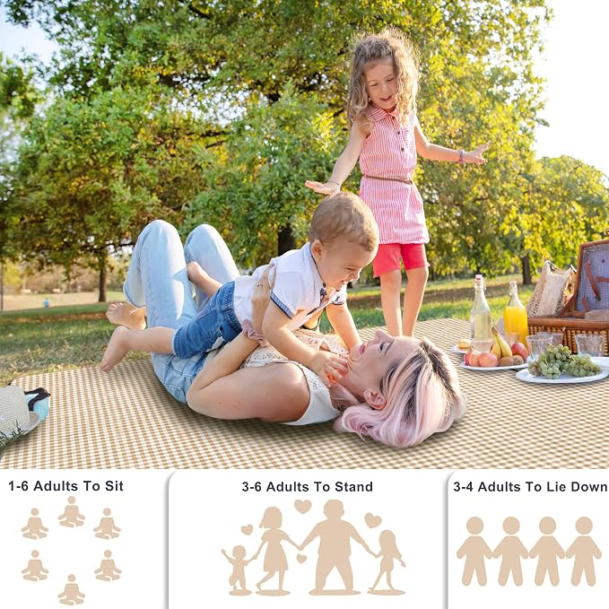 SAMSIER Outdoor Picnic Blankets Waterproof Foldable Sandproof, Extra Large Gingham Cute Picnic Mat Washable Portable for Park Beach Camping Courtyard (Coffee, 80"×80")