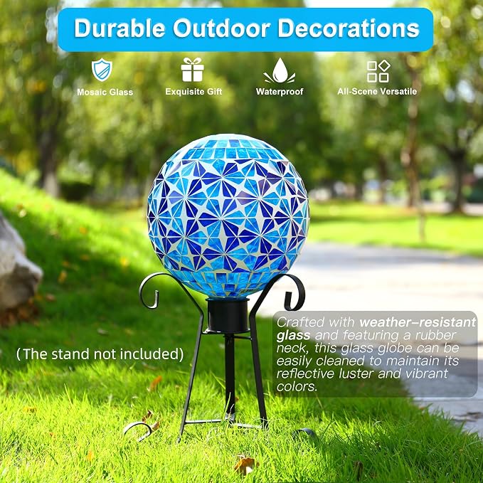 SAVENNA Mosaic Garden Gazing Ball 10 Inch, Glass Decorative Sphere for Indoor & Outdoor Garden, Patio, Home & Yard, Blue Geometric Star Pattern