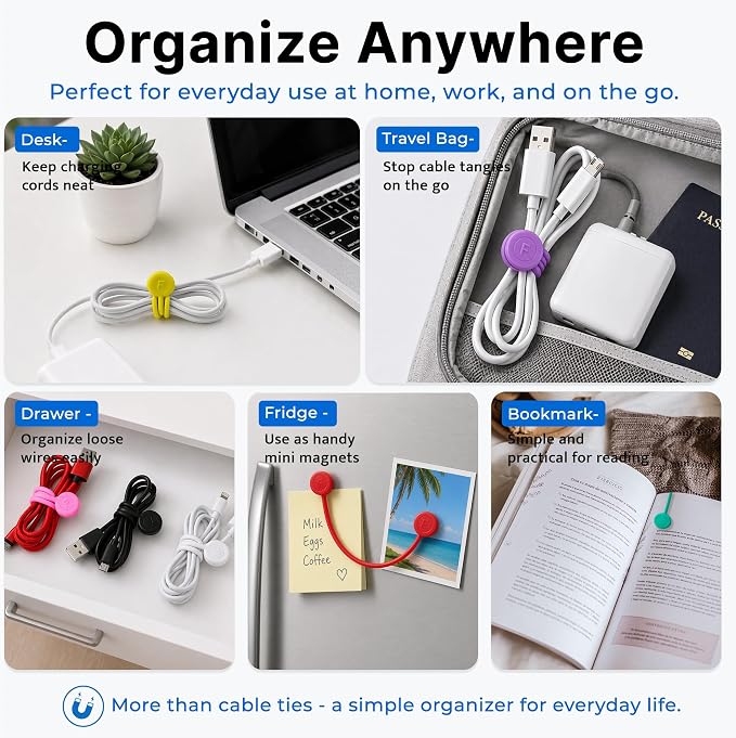 COOLMI Magnetic Cable Ties 8 Pack, 6.88 Inch Reusable Silicone Cord Organizer Wraps, Strong Magnet Cable Management Straps for Charging Cords, USB Cables, Earbuds, Desk, Travel, Assorted Colors