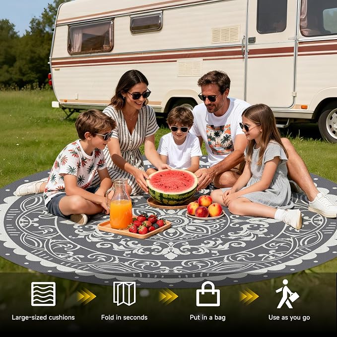 Pauwer Waterproof Outdoor Rug 8ft, Reversible Plastic Straw Patio Camping Rug, Indoor Outdoor RV Mat Carpet for Deck, Camper, Porch, Balcony, Backyard, Picnic, Paisley Grey