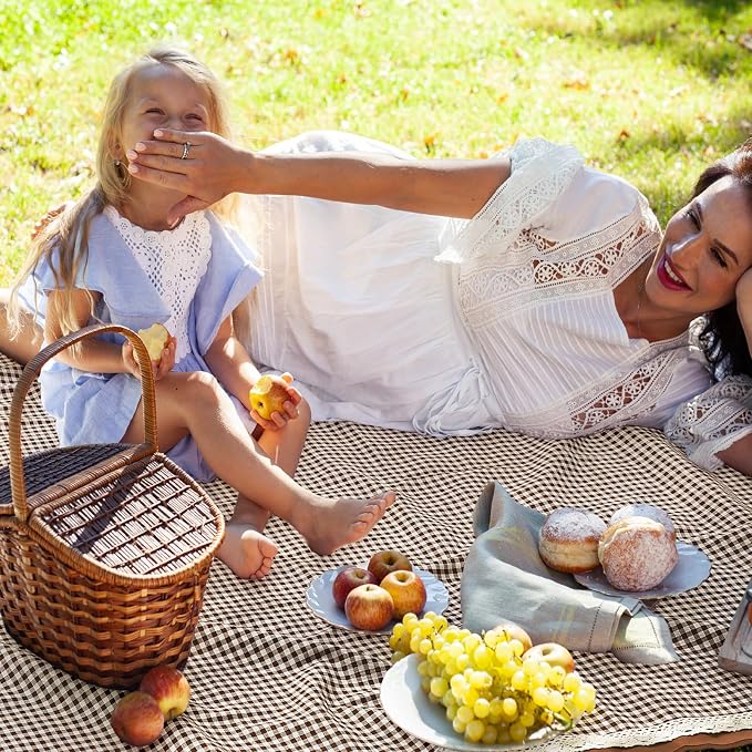 VitalCozy Waterproof Picnic Blankets 59 x 78in Outdoor Blanket Foldable 2 in 1 Double Layer Sandproof Beach Mat with Carry Strap for Camping Lawn Park Beach Grass(Coffee White)