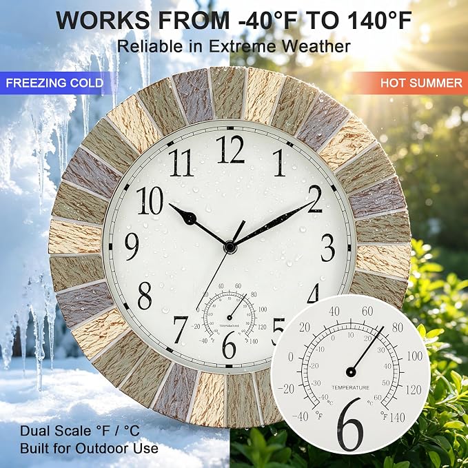 UMEXUS Outdoor Indoor Clock, 13 Inch Waterproof Wall Clocks with Thermometer，Silent Non-Ticking Battery Operated Decor for Patio, Garden, Porch, Pool, Living Room (Marble Gray)