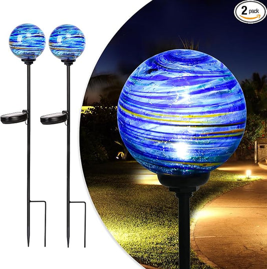 Solar Outdoor Decorative Lights Color Swirl Garden Stake Glaze Glass LED Globe Lights for Pathway Yard Lawn Decoration - 2 Pack Blue