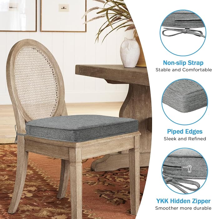 17 x 16 Inch Outdoor Chair Cushions with Tie Straps, Set of 4 Thick Water Repellent Round Patio Chair Pads for Garden Lawn Patio Furniture, Linenweave Gray