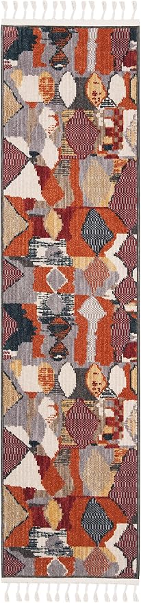 SAFAVIEH Farmhouse Collection Runner Rug - 2'1" x 8', Orange & Navy, Boho Moroccan Tribal Tassel Design, Non-Shedding & Easy Care, Ideal for High Traffic Areas in Living Room, Bedroom (FMH853P)