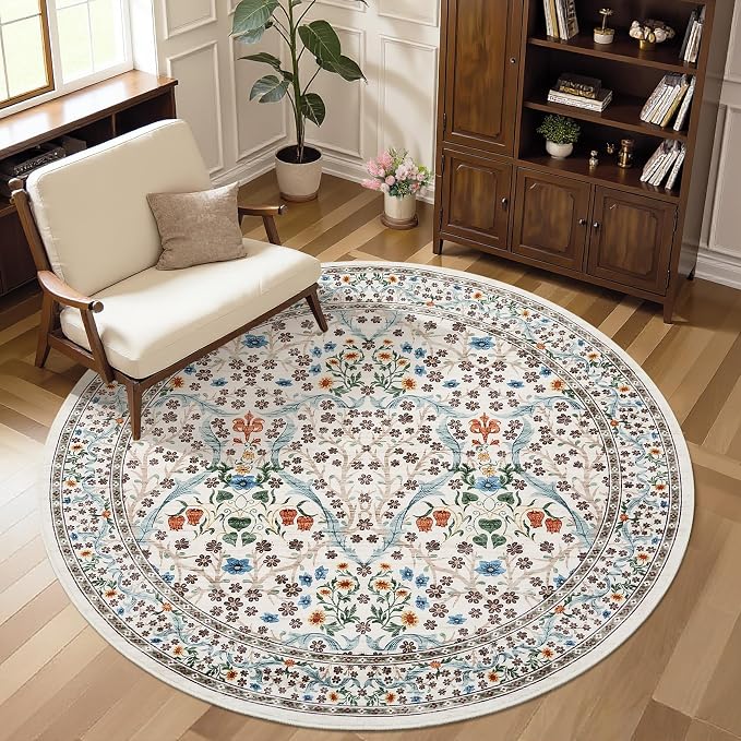 GarveeHome Beige Ivory Floral 4 ft Round Rug Washable Non-Slip Soft Low Pile Small Circle Carpet Vintage Rugs for Kitchen Bedroom Nursery Dining Living Room