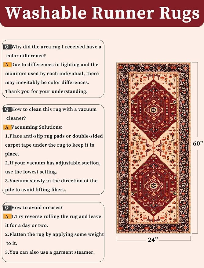 SERISSA 2x5 Washable Non Slip Boho Runner Rug for Hallway，Red Black | Ultra Soft Vintage Oriental Carpet Low-Pile Distressed Tribal Floor Carpet for Kitchen Bedroom Bathroom Laundry Living Room