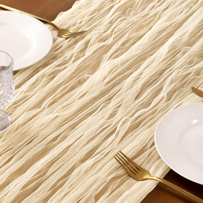 Socomi Beige Cheesecloth Table Runner Tulle Gauze Cheese clothBoho Rustic 120 inch 10FT Runner for Wedding Party Baby Shower Birthday Holiday Decorations 3pcs