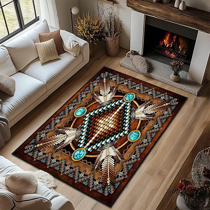 Southwestern Area Rug 5x7 Washable Living Room Rug Vintage Rugs,Aztec Tribal Native American Throw Mats Brown Non Slip Bedroom Area Carpet Western Rugs Soft Floor Carpets Mat for Dining Room,Laundry