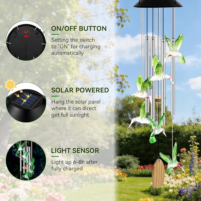 Wind Chimes for Outside, Solar Lights Outdoor Waterproof, Color Changing Hummingbird Light for Yard, Outdoor, Patio, Garden Decor, Wind Mobiles Gardening Gifts for Women, Mom, Wife, Green Hummingbird