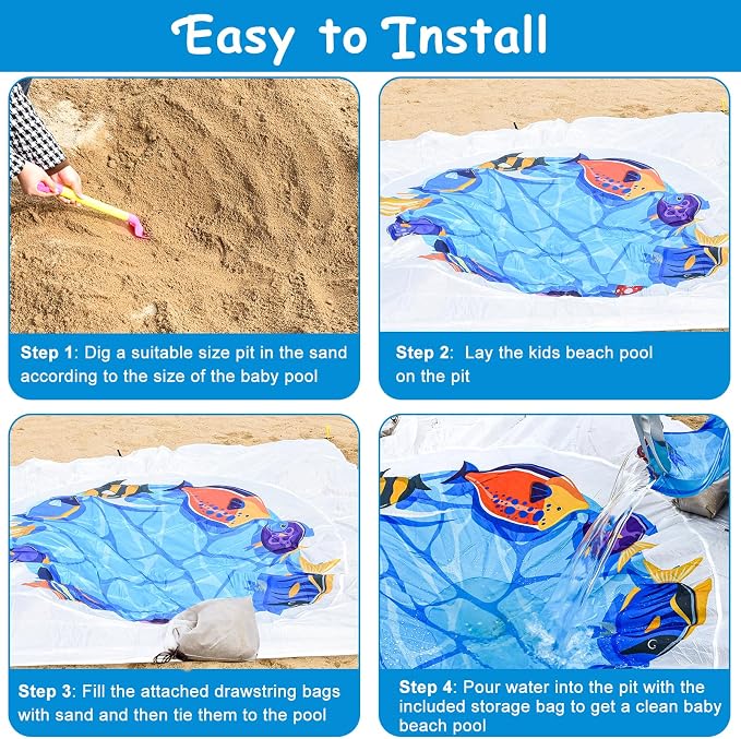6.6 X 6.6 Ft Baby Beach Pool, 2 in 1 Portable Kids Beach Play Pool Puddle Toddler Beach Blanket and Kiddie Pools Blue Cartoon Childs Sand Pit Paddling Pools with Water Bag for Boy Girl Outdoor Camping
