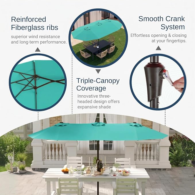 15FT Large Patio Umbrella with Base Included, Double Sided Outdoor Market Umbrella with Flexible Fiberglass Ribs, UV-Blocking Extra Large Umbrella for Garden, Pool, Deck, Turquoise Blue