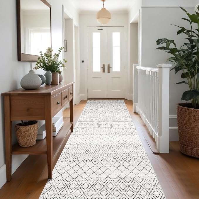 3x10 Washable Modern Runner Rug:Moroccan Boho Low Pile Rug Grey | Hallway Floor Mat Non Slip Indoor Carpet with Rubber Backing for Kitchen Bedroom Entryway
