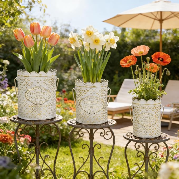 Set of 3 Vintage Distressed Metal Planter Rustic "Flowers and Garden" Embossed Flower Pots with Scalloped Edge & Handle Farmhouse Decorative Floral Buckets for Dried Flowers, Home Garden Decor