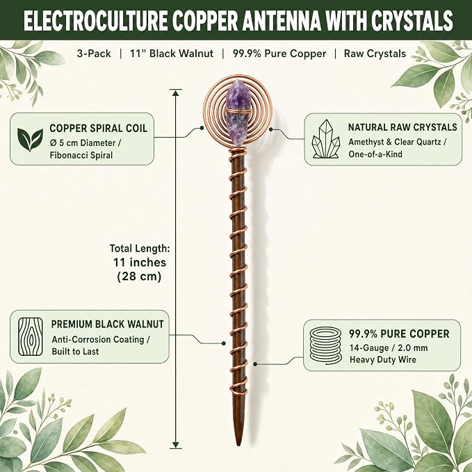 3-Pack Electroculture Copper Gardening Antenna with Crystals, 11" Electroculture Plant Stakes, 2.0mm Thick Copper Garden Stakes with Walnut Rods, Amethyst for Planters, Raised Beds
