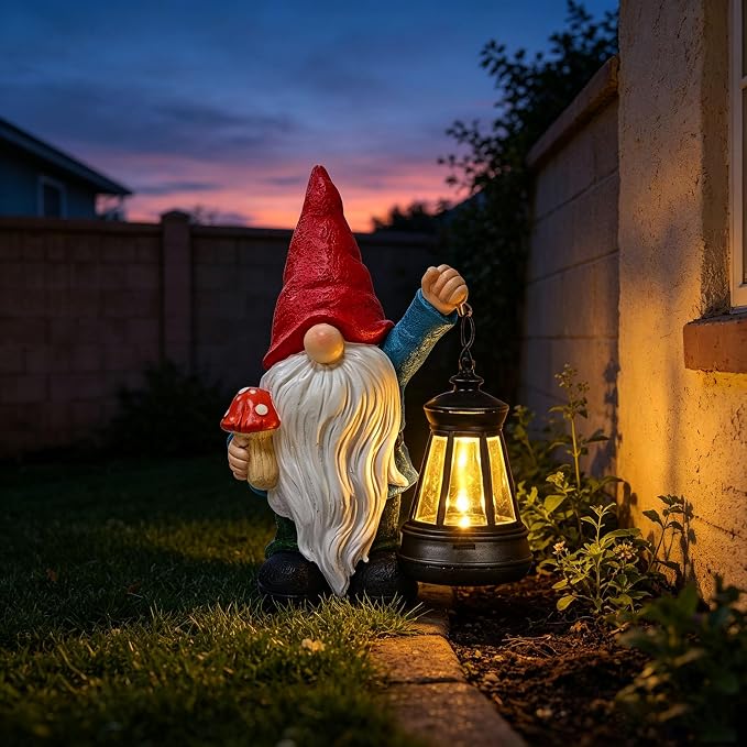 Garden Gnomes Statue with Solar Outdoor Lights, Resin Outdoor Solar Gnome Decorations for Yard Garden, Patio Gnome Gifts for Mom (Art Deco)