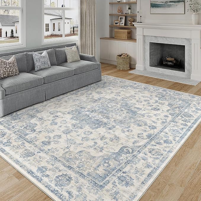 12x15 Blue Neutral Area Rug | Washable, Non Slip, Soft Low Pile, Vintage Farmhouse, Extra Large, for Living Room Bedroom Dining Room Office Home Decor