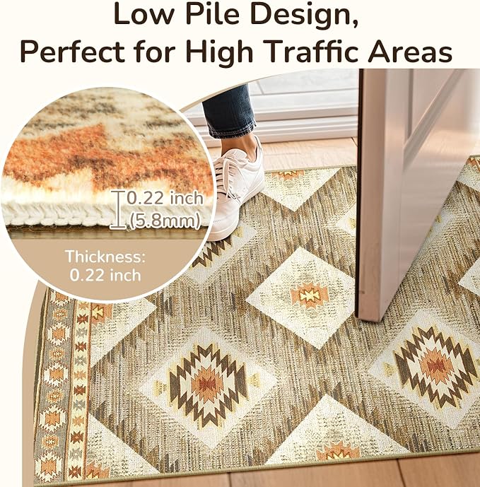 2'x5' Washable Area Rug for Living Room Runner Cream/Camel | Soft Western No Slip Low Pile Print Foldable Indoor Small Rug for Kitchen entrance entryway hallway