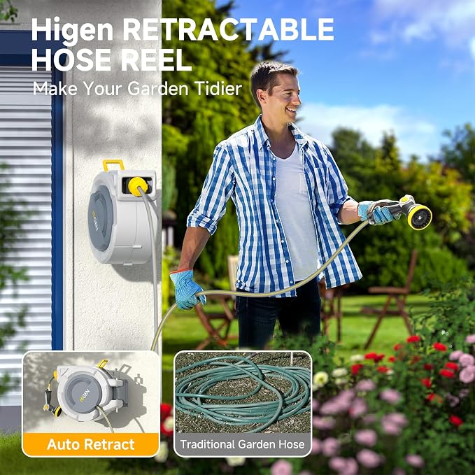 Retractable Garden Hose Reel, 1/2 in x 100 ft Heavy Duty Wall Mounted Water Hose Reel for Outside, UV Resistant Shell, Any Length Lock, Slow Rewind System, 180° Swivel Bracket, 10 Pattern Metal Nozzle