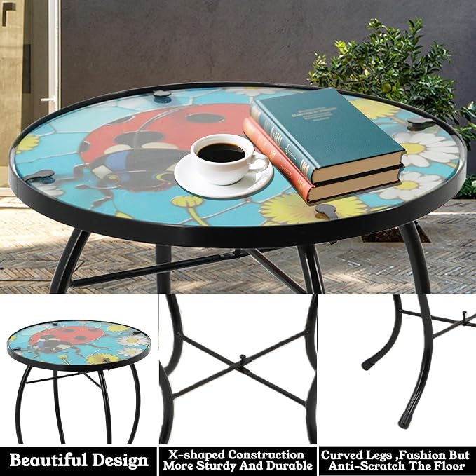 Small Side Table with Metal Frame, 10.5" Round Side Tables with Seven-Spotted Ladybug Pattern,Outdoor Table for Balcony,Terrace,Garden,Living Room