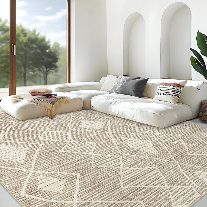 Area Rug Living Room Rugs 8x10 - Large Soft Boho Geometric Rug, Non-Slip Foldable Washable Rugs Non Shedding Morden Indoor Floor Carpet for Living Bedroom Office Dining Room(Cream Beige, 8'x10')
