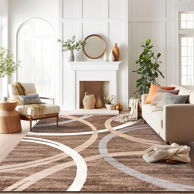 Rugshop Wavy Circles Modern Fade-Resistant Area Rug Brown 12' x 15' | High Traffic,Fade Resistant, Living Room, Bedroom, Dining Room, Large Areas,Basement,Open Spaces,Kitchen,Oversized Area Rug
