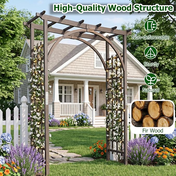 Giantex 85" Garden Arch Trellis, Wood Garden Arbor with Flat Top for Climbing Plants, Roses & Vines, Outdoor Wooden Wedding Arch for Ceremony, Backyard Lawn Patio Garden Entrance Decoration