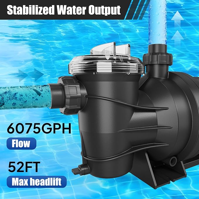 VINGLI 1.5 HP 6075 GPH Pool Pump, 110V Single Speed Self Priming Swimming Pool Pump, Powerful Copper Motor Water Circulation Pump with Filter Basket for Above Ground Pools Spas, US Plug