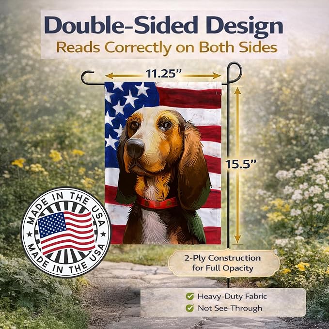 Caroline's Treasures CK6464GF Bruno Jura Hound Dog American Flag Garden Flag Mailbox Flag Decorative Yard Flag Banner Outside Patio Artwork Yard Flower Beds, Garden Size, Multicolor