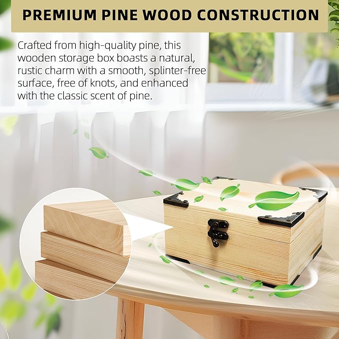 6.7"x5.1"x3.1" Unfinished Unpainted Wooden Box with Hinged Lid for Crafts DIY, Storage Jewelry Plain Pine Box with 4 Pcs Retro Style Decorative Corner Protectors