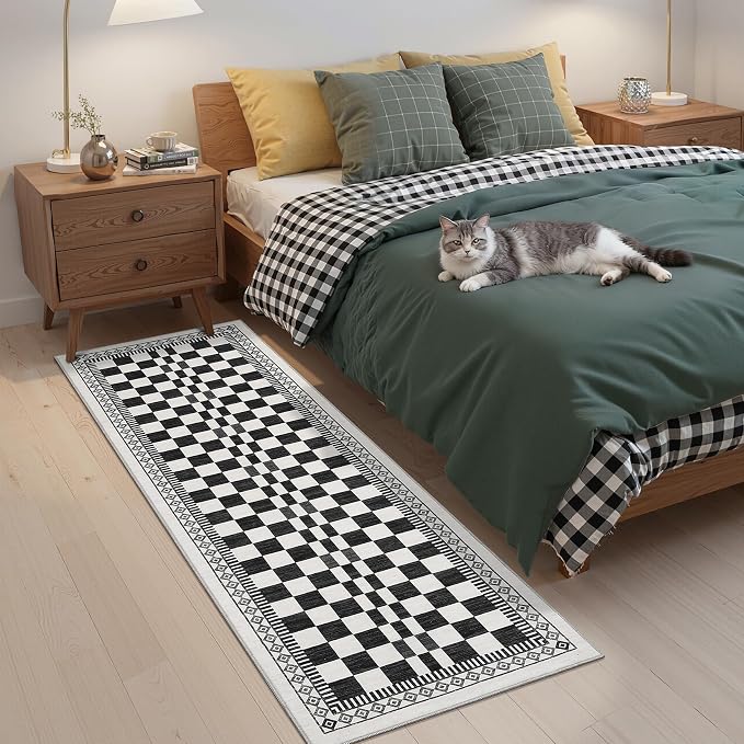 GarveeHome Kitchen Runner Rug 2x6, Modern Black and White Checkered Rug | Washable Non-Slip Carpets for Kids Room, Contemporary Abstract Low Pile Nursery Rug for Bedside Laundry Classroom Bathroom