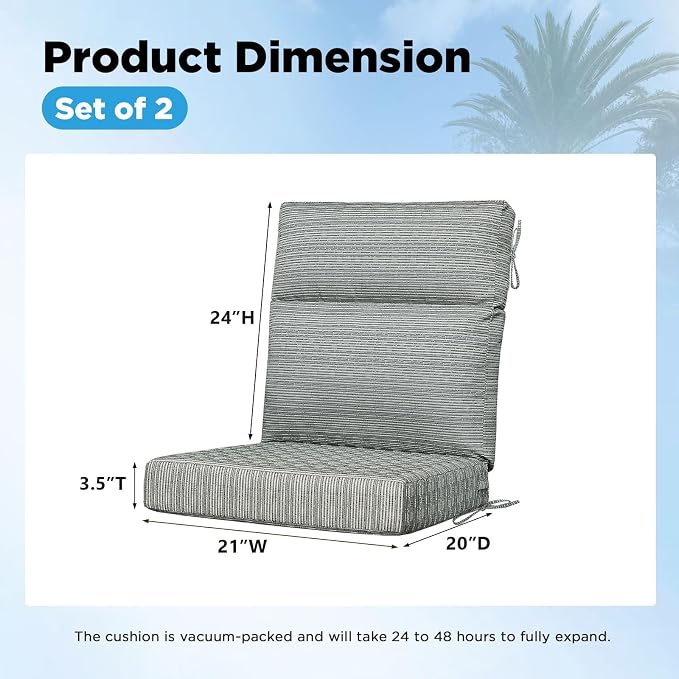 Outdoor Patio Chair Cushions 44x21x3.5 inch, Set of 2 Thicken Comfy Cushions for Rocker Non Slip Fade Shield Water Repellent High Back with Ties, Grey Linen Stripe