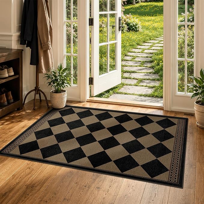 Easy Jute Indoor Outdoor Rug 3x5, Brown Black Checkered Patio Front Porch Rug Decor, Diamond Laundry Room Floor Mats, Boho Border Washable Non Slip Mat for Entryway, Kitchen, Backyard, Farmhouse Style