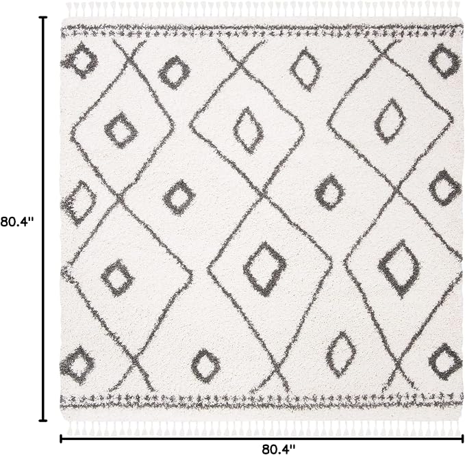 SAFAVIEH Moroccan Fringe Shag Collection Area Rug - 6'7" Square, Ivory & Grey, Boho Tribal Design, Non-Shedding & Easy Care, 2-inch Thick Ideal for High Traffic Areas in Living Room, Bedroom (MFG333A)